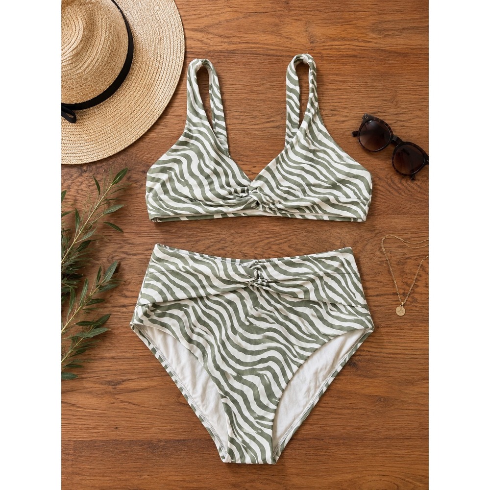 Andie Swim Zebra Wave Print Bikini Set High Rise Green Neutral Coastal Chic M